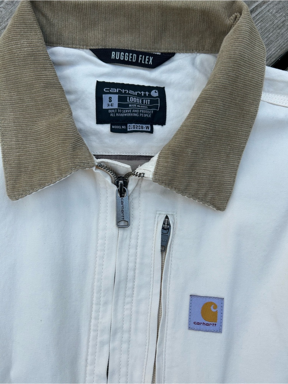 Carhartt White Canvas Jacket with Brown Cord Collar - Picture 2 of 6